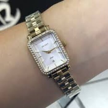C1Kx - Relogio Pulso Orient Feminino Dourado Retangular Com Zirconias