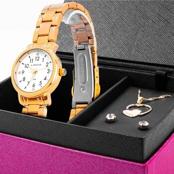 K04Ub2Kx - Relogio Pulso Lince Dourado Fundo Branco