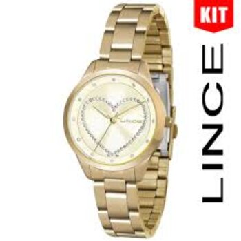 Kit Relógio Lince Fem. Redondo Pulseira de Aço Dourado Com Fundo Dourado Com Coração