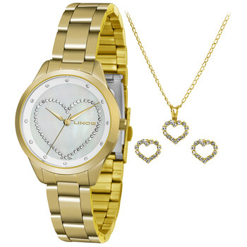 Kit Relógio Lince Fem. Redondo Pulseira de Aço Dourado Com Fundo Dourado Com Coração