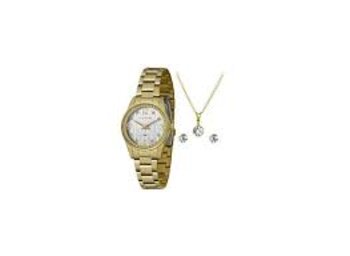 Kit Relógio Lince Fem. Redondo Pulseira de Aço Dourado Com Fundo Malhado Branco