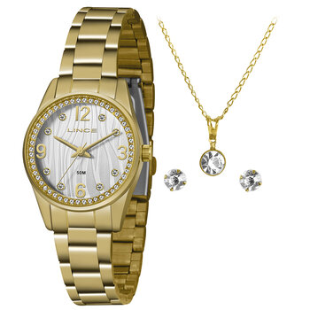 Kit Relógio Lince Fem. Redondo Pulseira de Aço Dourado Com Fundo Malhado Branco