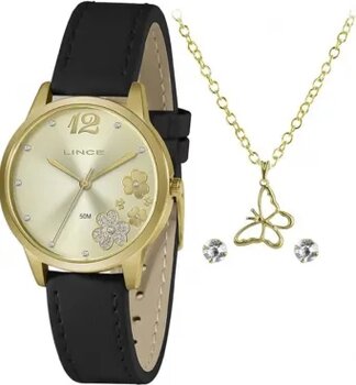 Kit Relógio Lince Fem. Redondo Pulseira de Couro Preta Com Fundo Dourado Com Flores