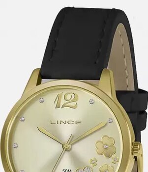 Kit Relógio Lince Fem. Redondo Pulseira de Couro Preta Com Fundo Dourado Com Flores