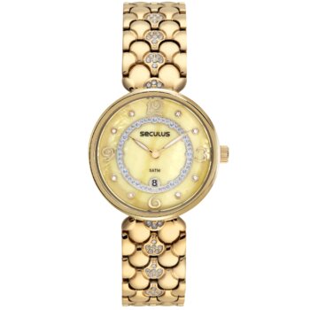 Relógio Aço Dourado Redondo Com Zircônias - Seculus Dcr-E 2023/03484-6