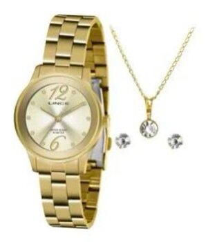Kit Relogio Fem Aço Dourado Fundo Dourado Ky36C2Kx - Relogio Pulso Lince - Quartz,anlgo.cx.met.com.cal.2035 - D.c.r.e 2020/157730