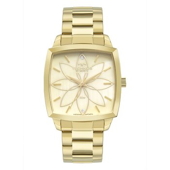 Relógio Technos Quadrado Dourado Pulseira Aço Fundo Madre Pérola Flor