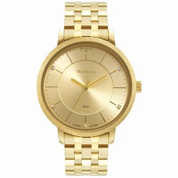 Relógio Technos Dourado Pulseira Açocom Fundo Liso Com Pedra Branca Com Aro Glitter