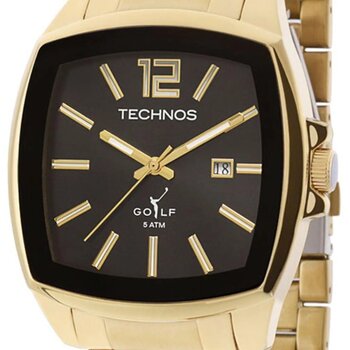 Relógio Technos Quadrado Dourado Pulseira Aço Fundo Preto Com Branco e Dourado Com Calendário