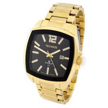 Relógio Technos Quadrado Dourado Pulseira Aço Fundo Preto Com Branco e Dourado Com Calendário