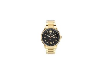 Relógio Technos Redondo Dourado Pulseira Aço Com Fundo Preto Com Dourado Vermelho e Branco