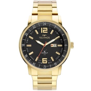 Relógio Technos Redondo Dourado Pulseira Aço Com Fundo Preto Com Dourado Vermelho e Branco