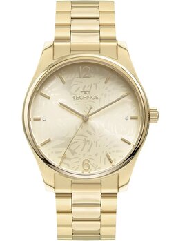 Relógio Technos Redondo Dourado Pulseira Aço Fundo Folha de Palmeira