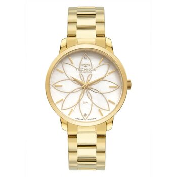 Relógio Technos Redondo Dourado Pulseira Aço Fundo Madre Pérola Flor