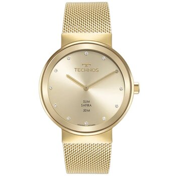 Relógio Technos Redondo Dourado Pulseira Mash Com Fundo Liso Com Pedra Branca