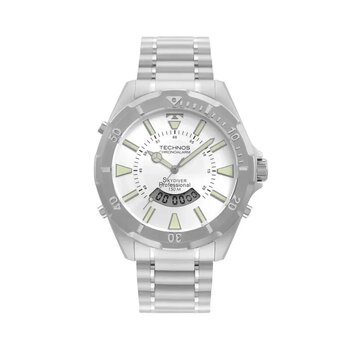 Relógio Technos Redondo Prata Pulseira Aço Prata Com Fundo Preto Com Branco Com Verde e Digital
