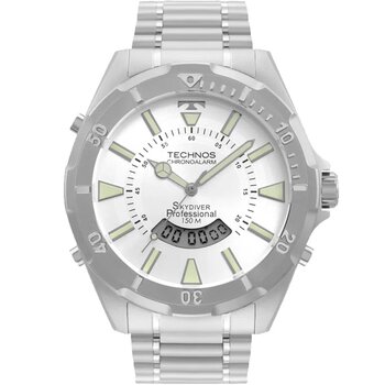 Relógio Technos Redondo Prata Pulseira Aço Prata Com Fundo Preto Com Branco Com Verde e Digital