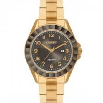 G2Kx - Relogio Pulso Orient Dourado Fundo Preto Vidro Safira