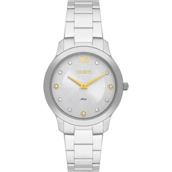 G3Sx - Relogio Pulso Orient Feminino Prata Fundo Cinza Com Zirconias