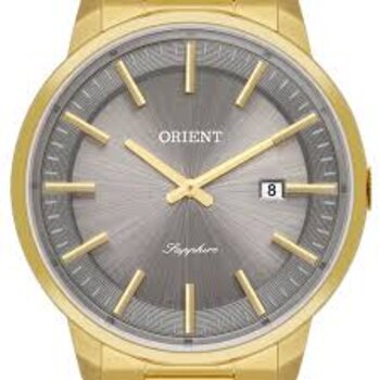 G1Kx - Relogio Pulso Orient Masc Dourado Fundo Cinza Vidro Safira